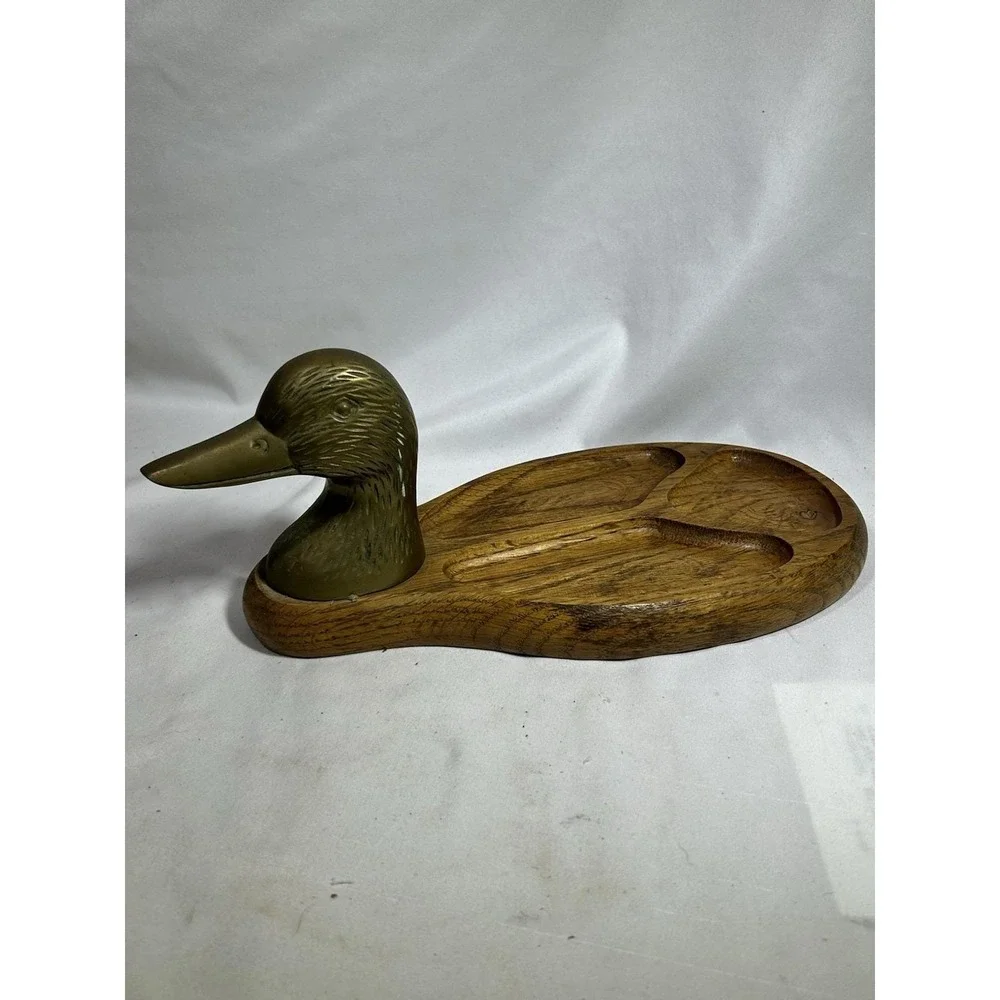 VTG Solid Brass Duck Head & Wood Men's Valet Tray Desk Dresser Entry 11